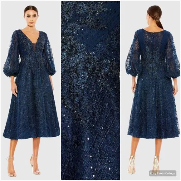 MAC DUGGAL 20391 Womens Blue Embellished Plunge Neck Bishop Sleeve Midi Dress - Image 2