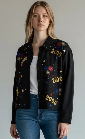 Paul Harris Design Black Fireworks 2000 Embroidered Y2K Jacket Women’s Small - Image 1