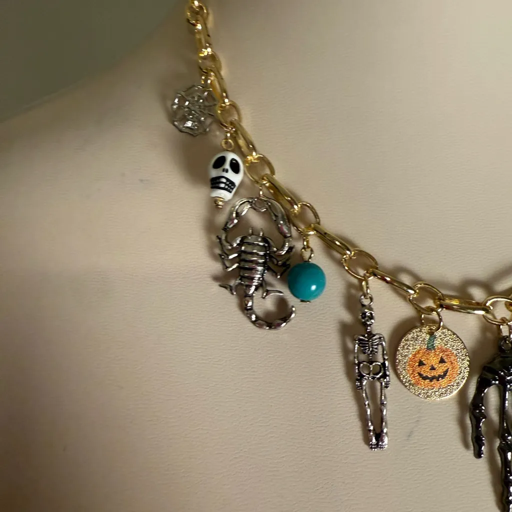 Halloween Charm Statement Necklace – Gold Chain with Spooky Charms - Image 2