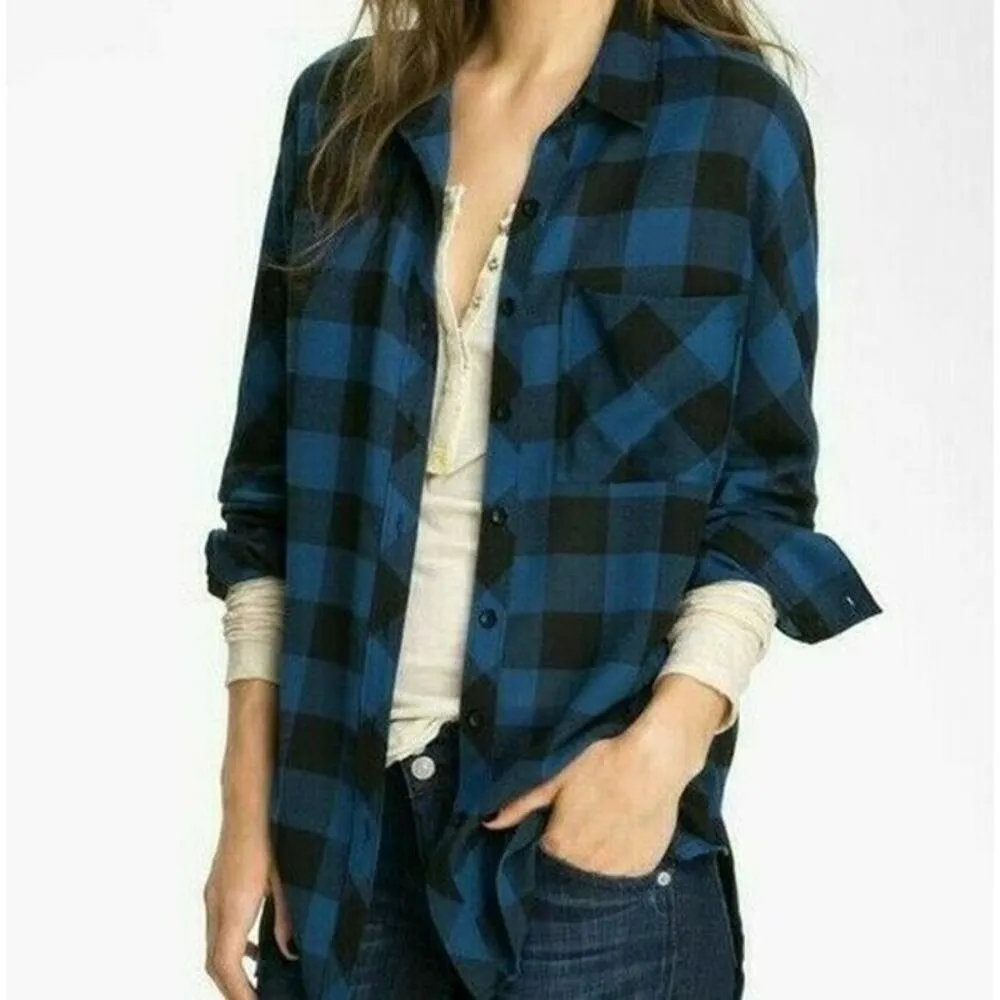 Trouve Black and Blue Plaid Button Down Boyfriend Shirt Size Medium - Image 8