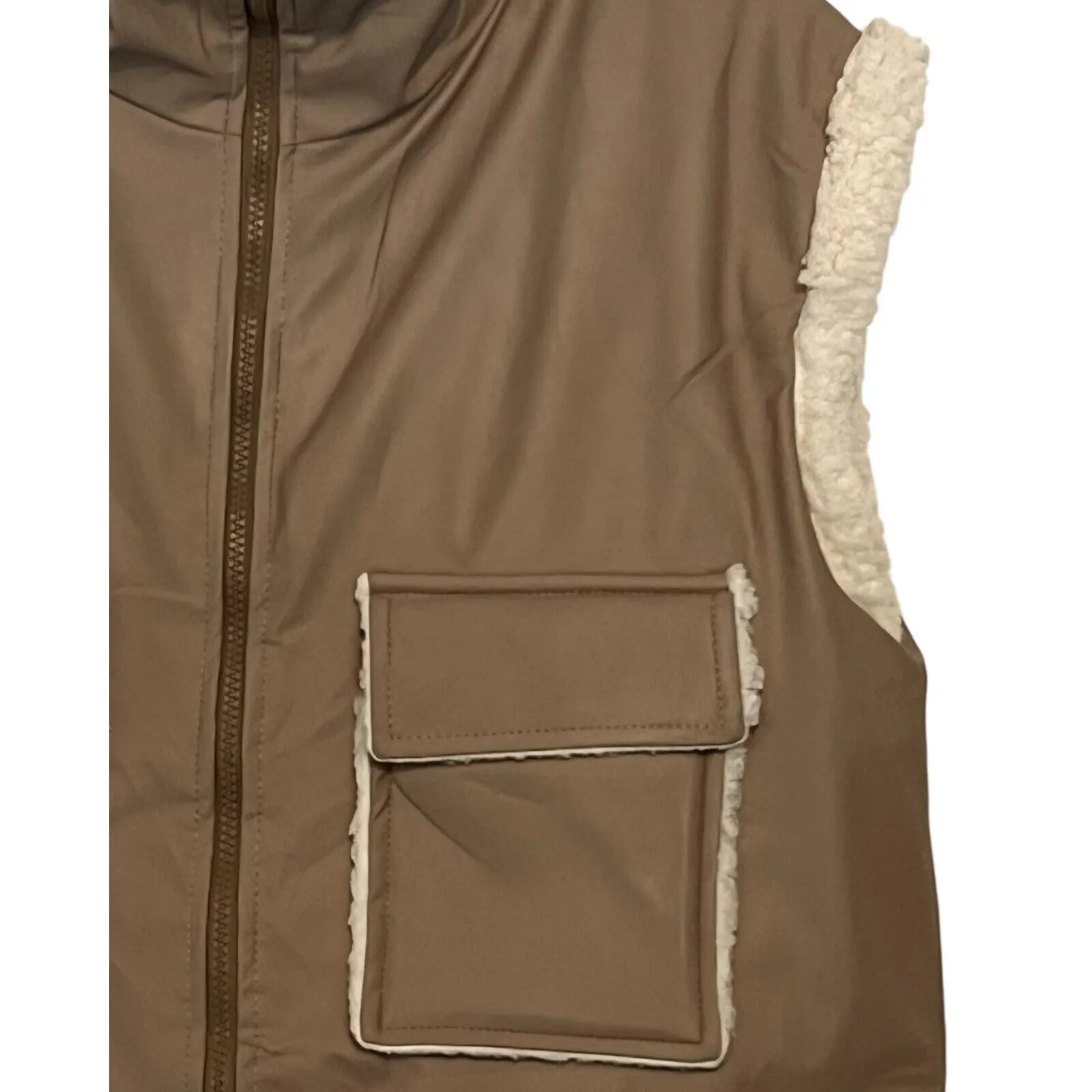 Boohoo Womens Sherpa Vest Size 10 Tan Faux Leather  Lined Pockets Full Zip NWT - Image 4