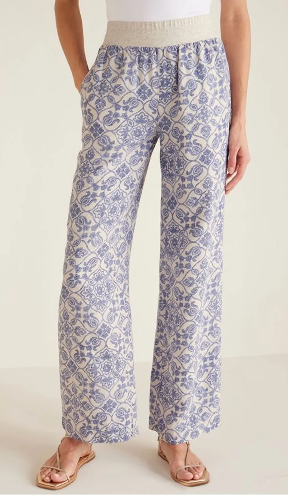 Soft Surroundings Aliso Point Linen Blue Tile Print Wide Leg Pant Medium Petite - Image 1