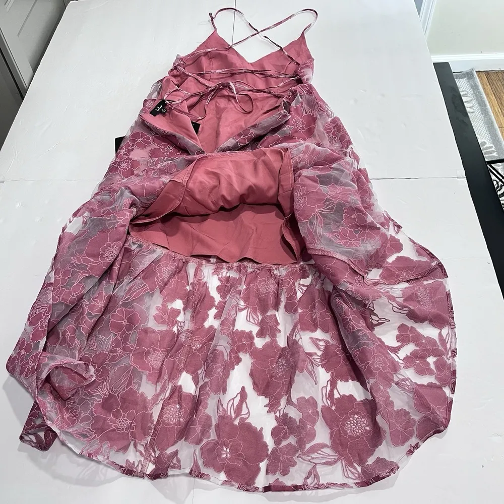 NWT Lulus Pink Feeling Like Forever Floral Organza Lace Up Midi Dress MEDIUM - Image 9