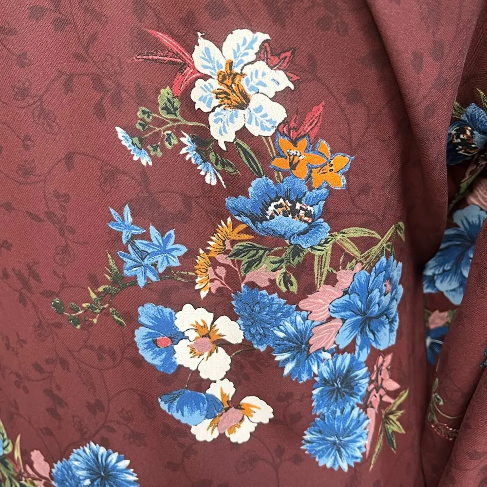 Zara Floral Wrap Long Sleeve Blouse Maroon Size Small - Image 3