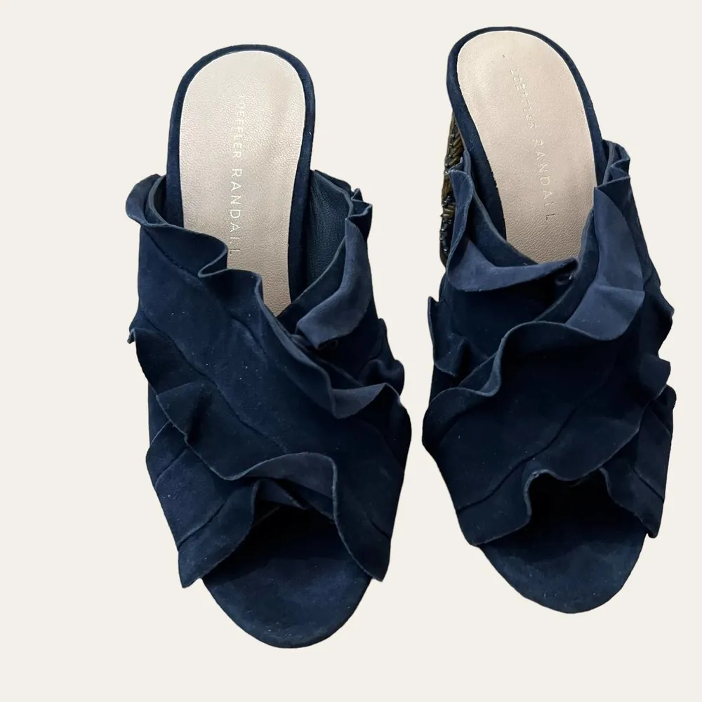 Loeffler Randall Navy Blue Ruffled Sequin Beaded Embellished Block Heel Mule 7 - Image 2