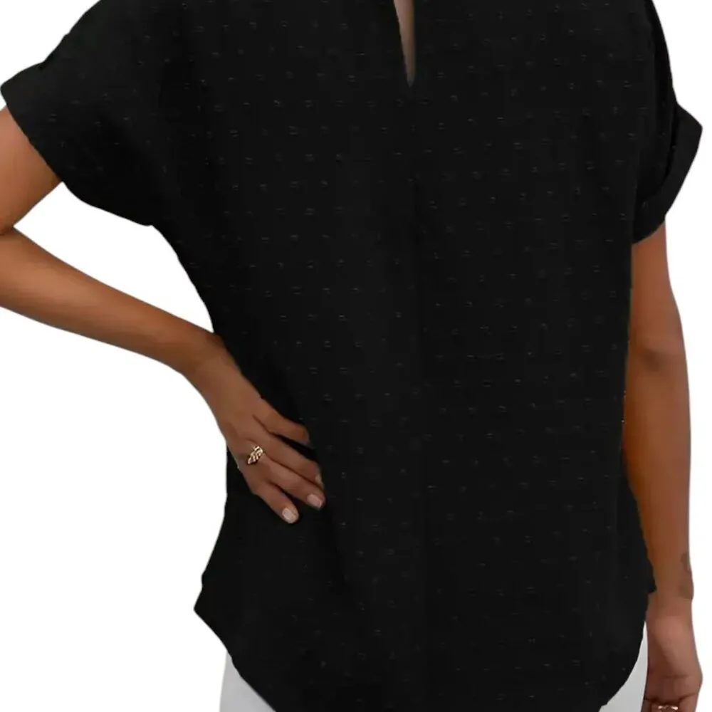 Wrinkle Round Neck Cuffed Short Sleeve Blouse for Women Black Size XL - Image 3