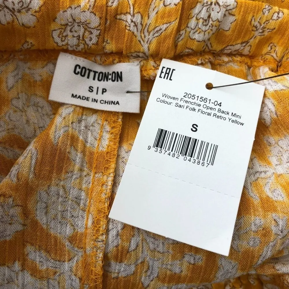 Cotton On Womens Mini Dress Woven Frenchie Open Back Floral Yellow S - Image 3