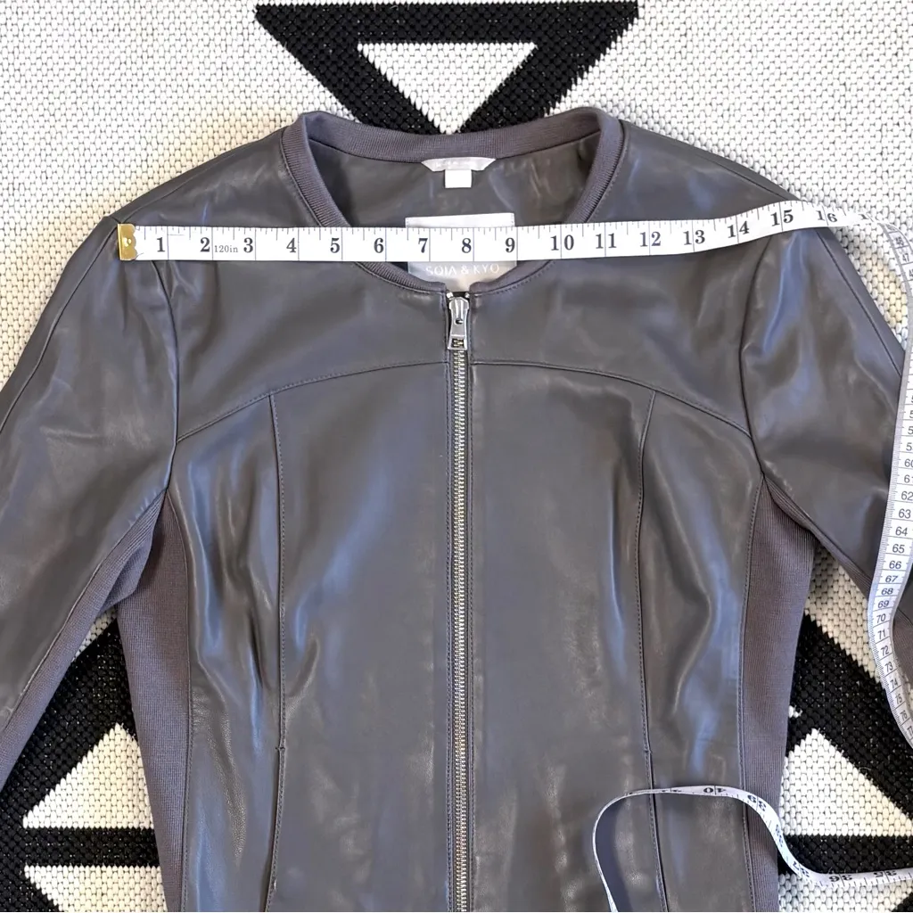 SOIA & Kyo Sianne Lamb Leather Collarless Jacket in Dark Gray Small - Image 4