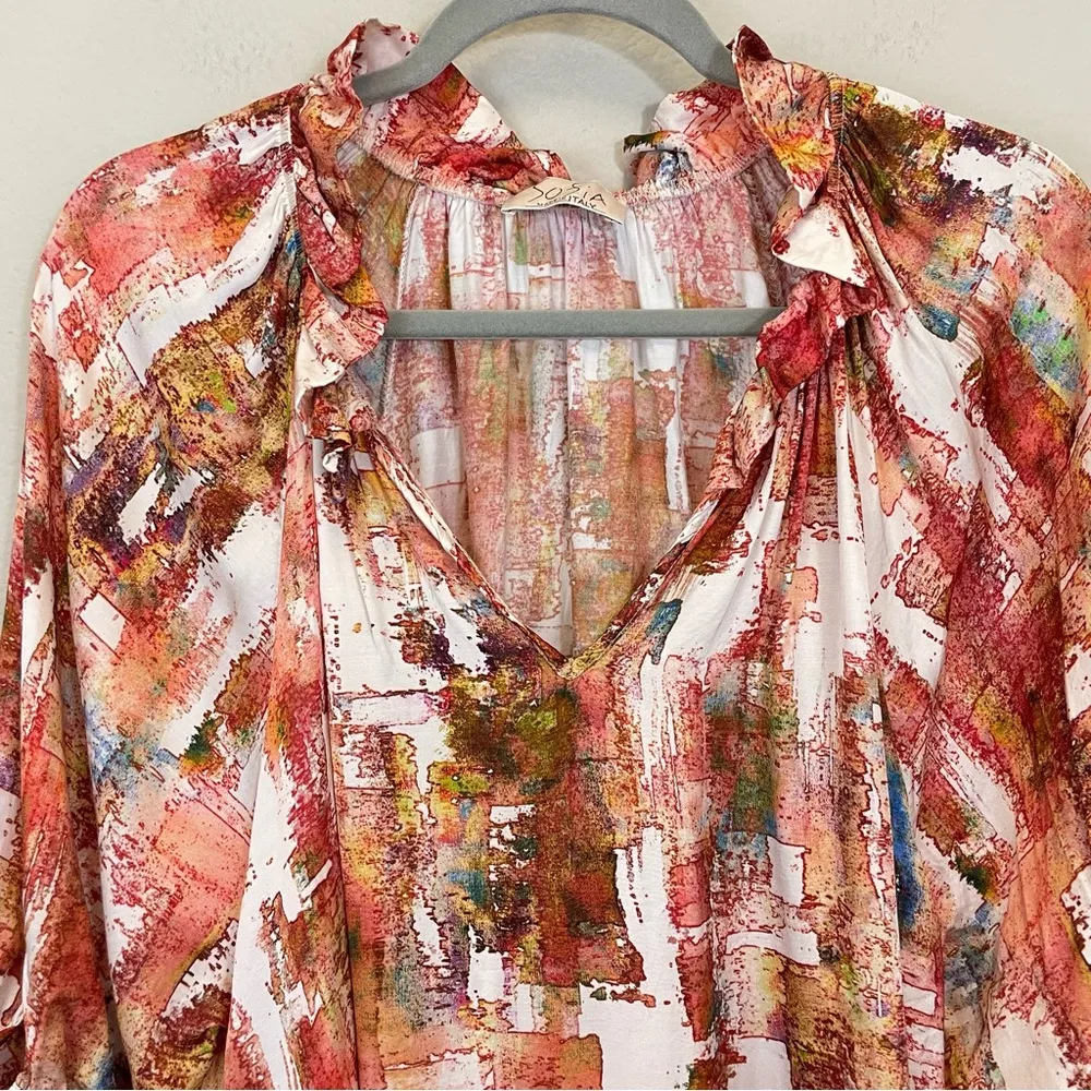 Sofia Made in Italy 3/4 Sleeve Ruffle Neck Satin Eloise Blouse One Size‎ Brown Size undefined - Image 4