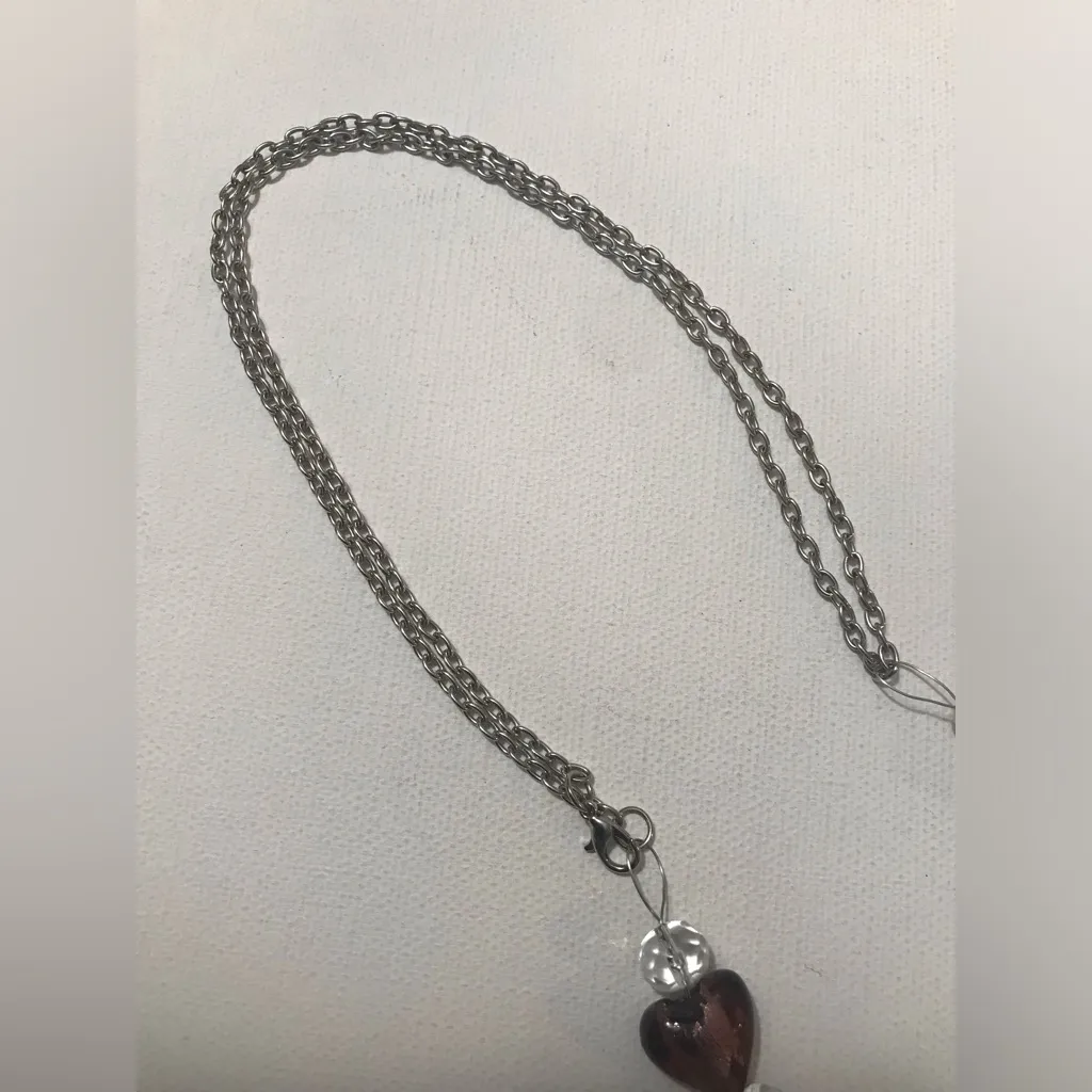 Reworked Heart Floral Ceramic Pendant Glass Heart Charms Silver Tone Necklace 16 - Image 3