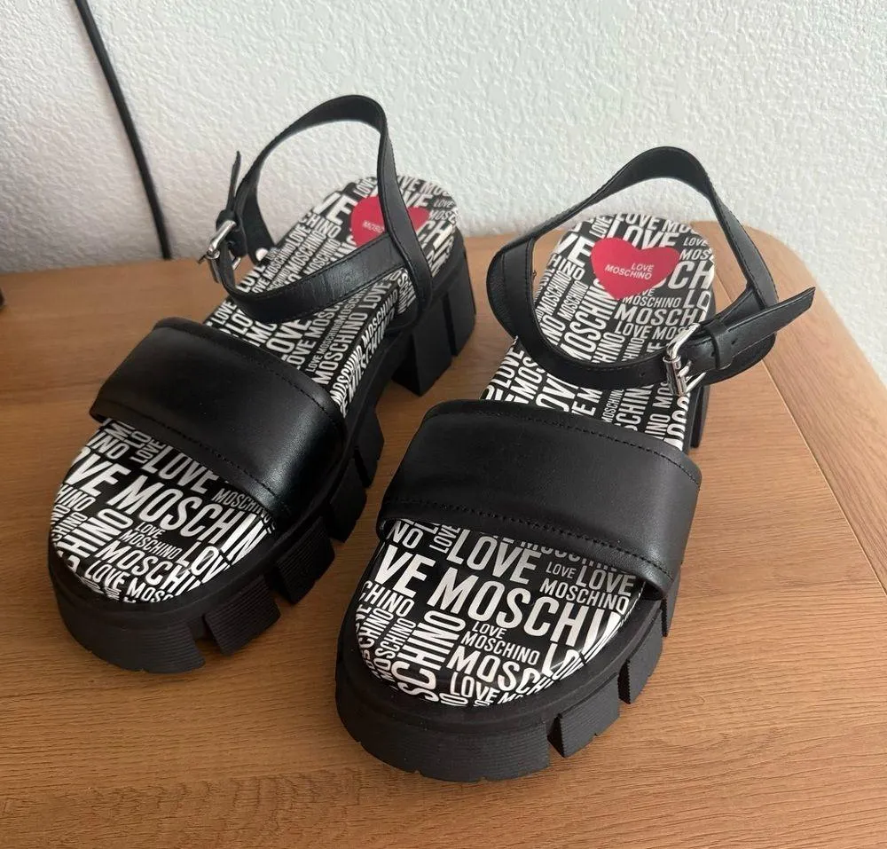 NEW Love Moschino Ankle Strap Platform Lug Sole Sandals in Black 41 - Image 2