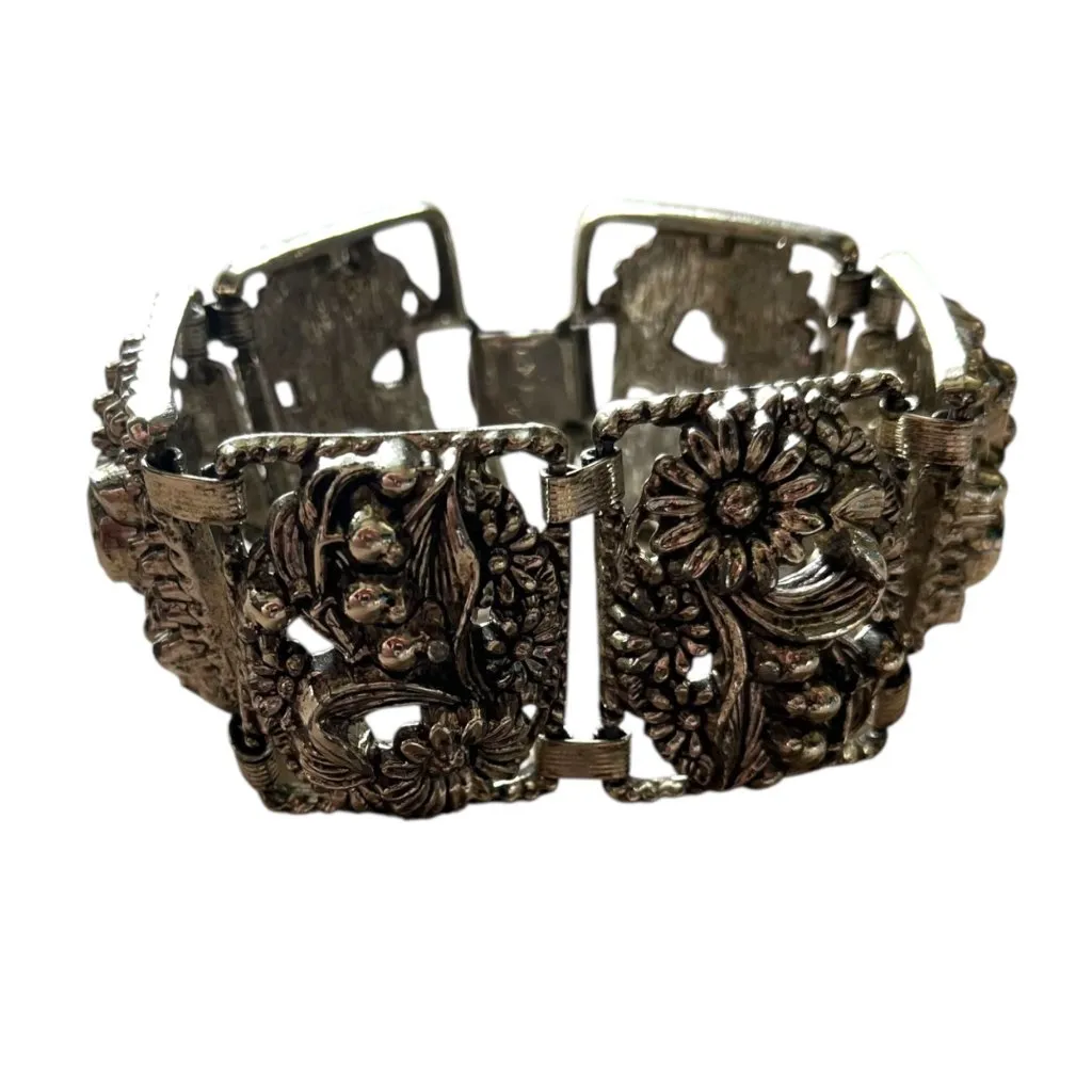 Sarah Coventry Antique Garden Bracelet Silver Tone Panel 1963‎ Floral Vintage - Image 2