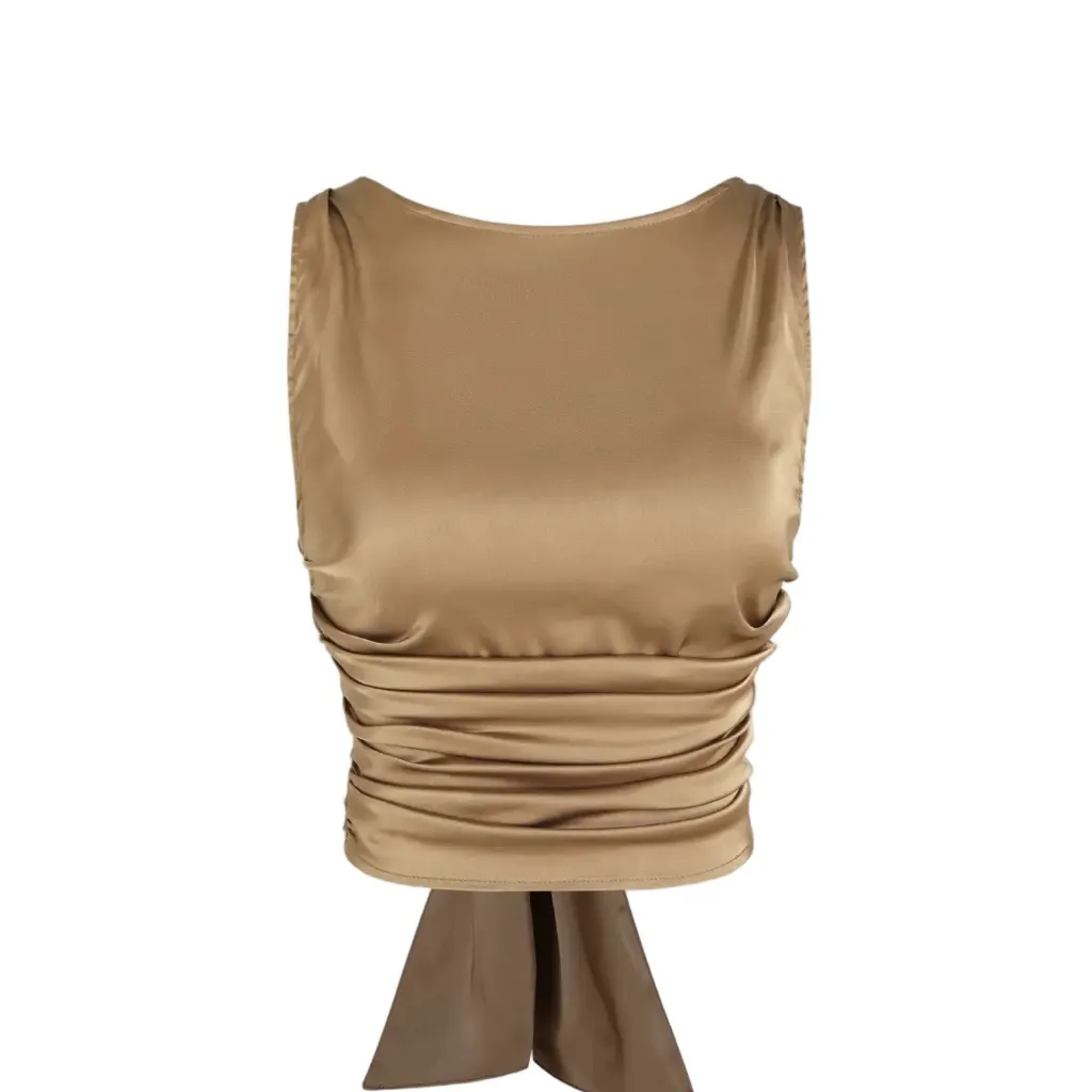 CIDER Ruched Bow Back Crop Top | Open Back | Camel Brown - Image 2