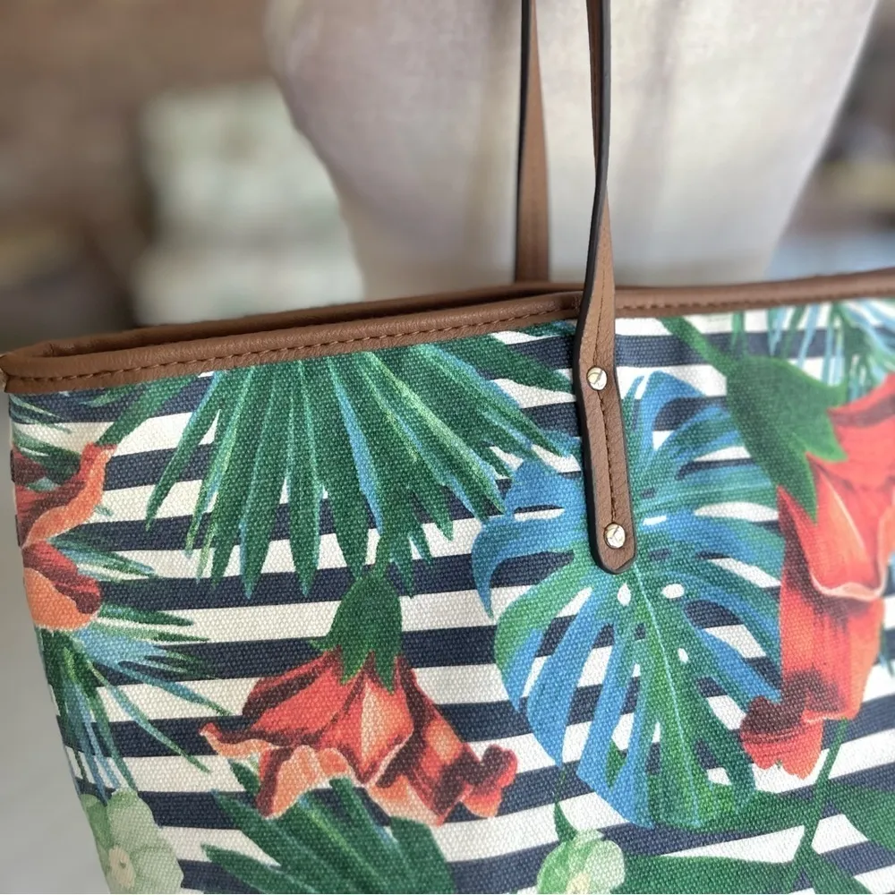 Nine West Michelina Tote Bag Tropical Floral Striped Canvas Large Beach Pool - Image 9