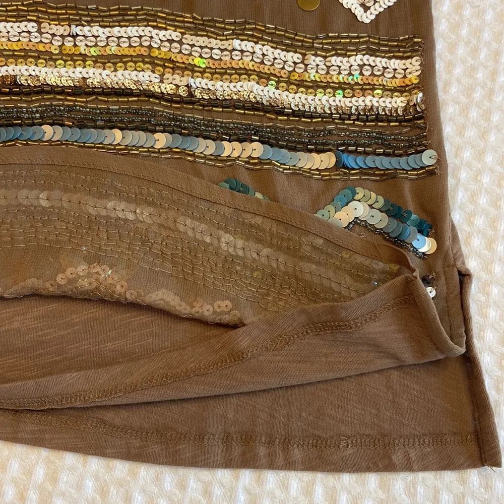 DELETTA ANTHROPOLOGIE S Sequined Beaded Sleeveless Cap Sleeve Shirt Top Tan Blue - Image 12