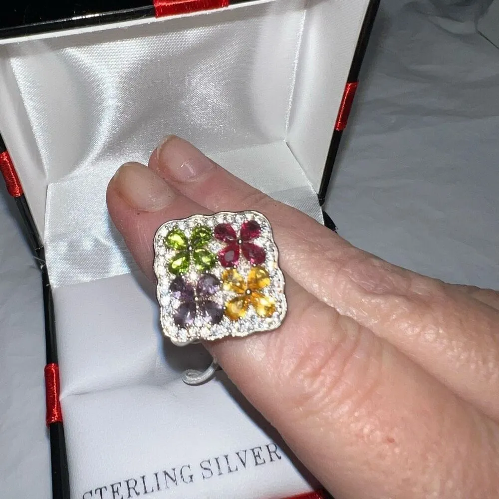 Sterling Silver and Genuine Gemstones Cocktail Ring New With Box size 9 - Image 6