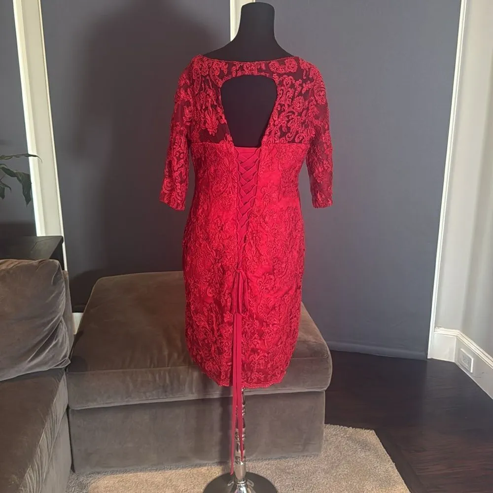 Women’s Red Tea Length Lace Appliqué Dress & Matching Chiffon Jacket Size 16 - Image 5