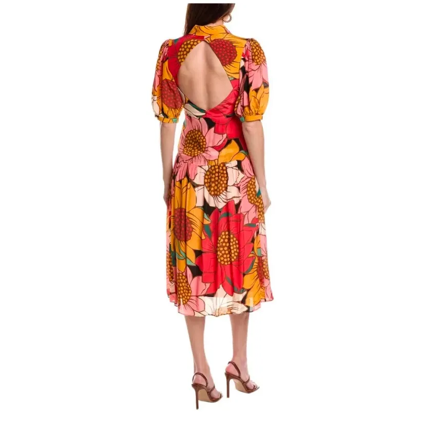 Farm Rio size small pink orange floral midi dress tropical cottage sunflower - Image 15