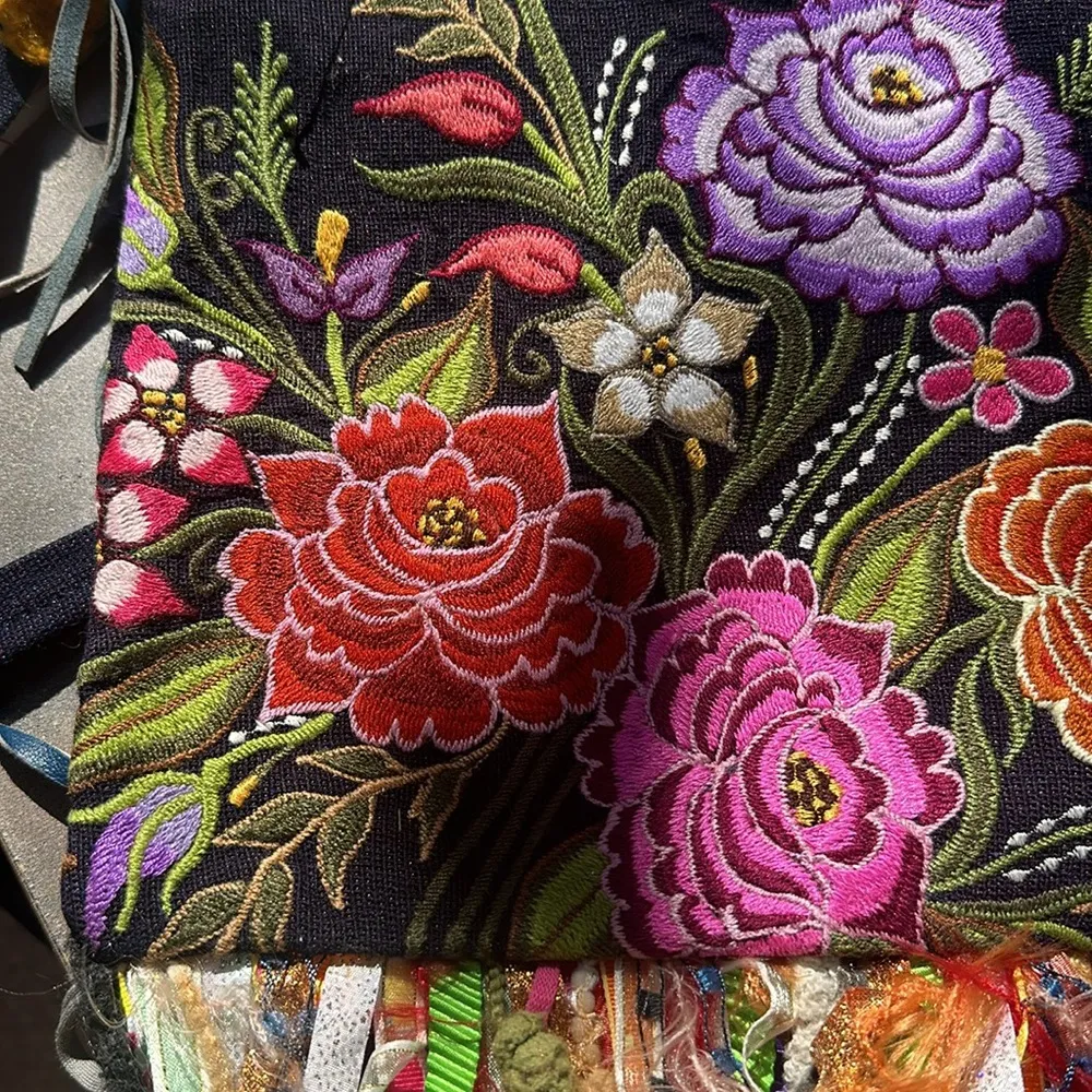 Mexico Hand Embroidered Floral Ribbon Fringe Bag Pink - Image 3