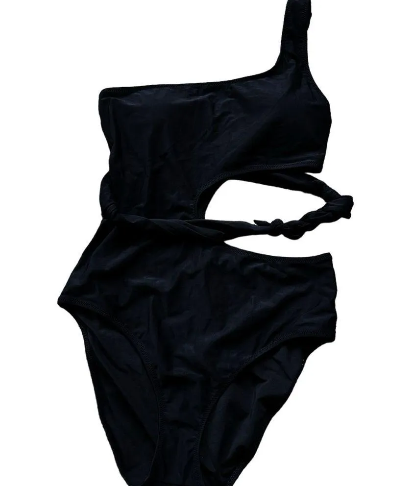 NWOT Aerie Asymmetrical Wrap One Piece Swimsuit Black Medium - Image 5