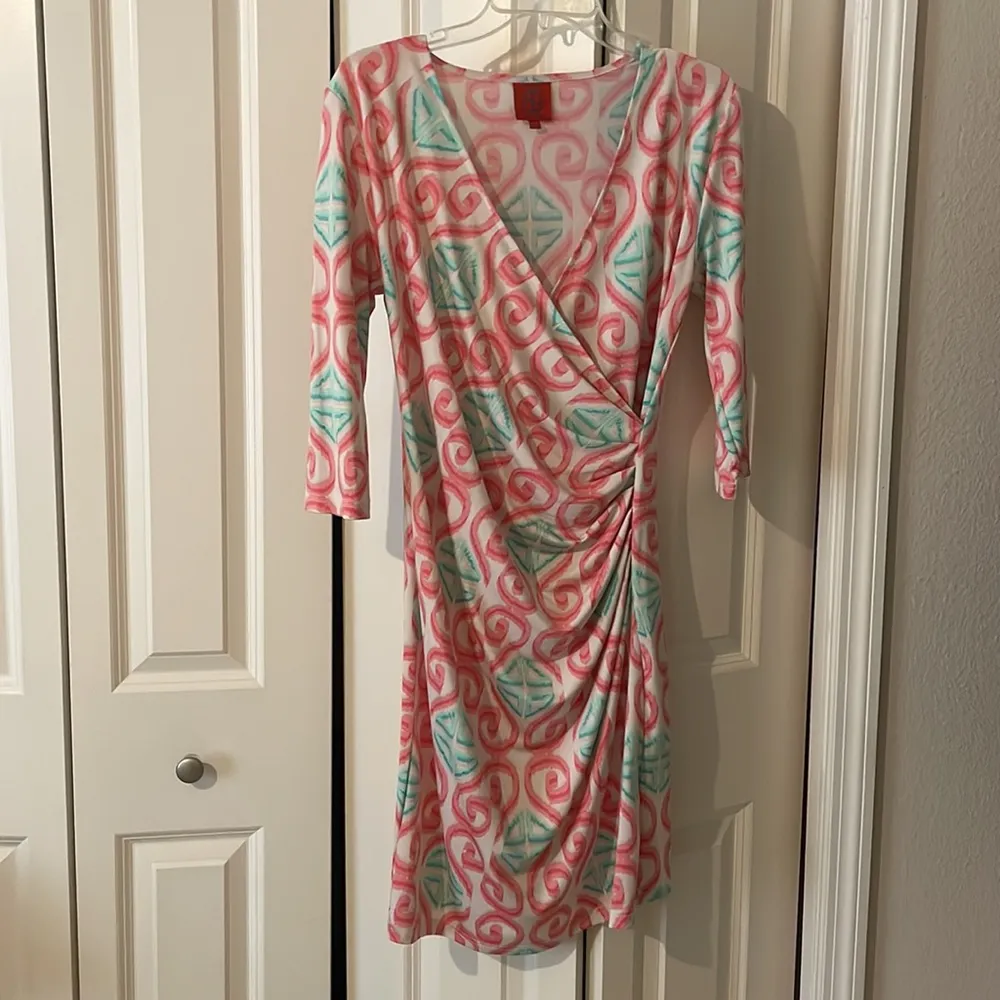 Faux Wrap V Neck Dress Watercolor Swirl Patterned - Image 5