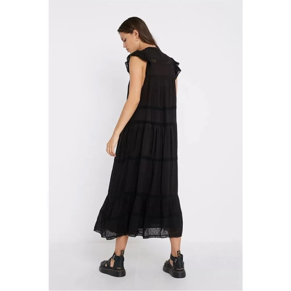 Free People Midnight Midi Dress black Swiss dot crochet ruffle cap sleeve XS - Image 5
