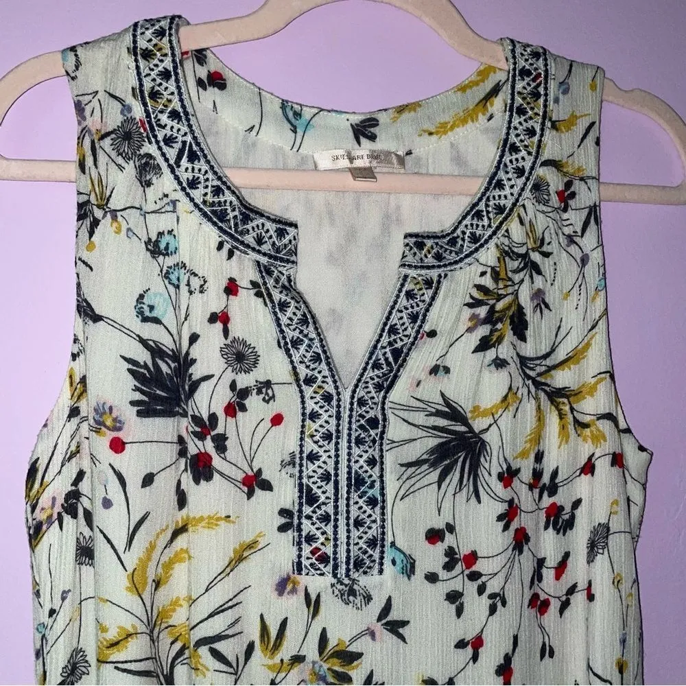 Skies Are Blue S Dress Midi Shift Embroidered Split Collar Sleeveless Floral - Image 2