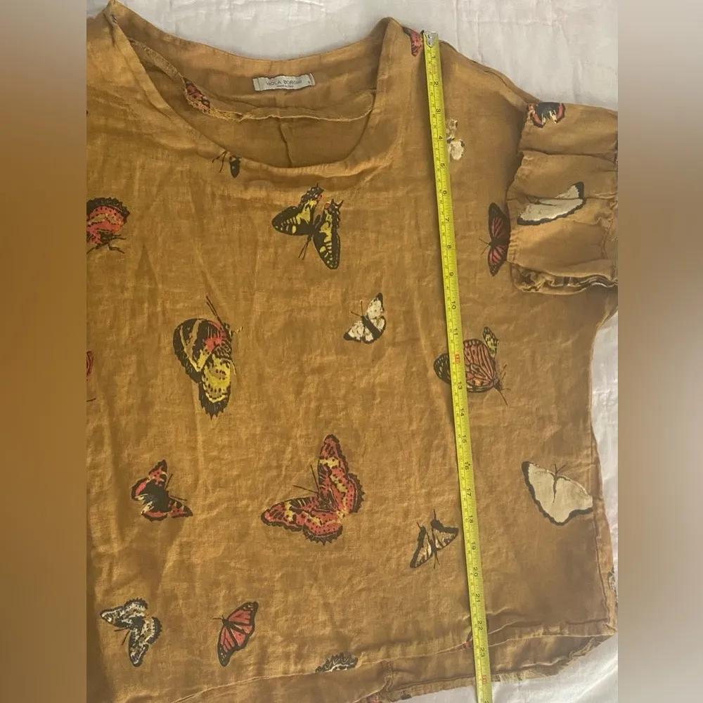 Viola Borghi Shirt Small 100% Linen Butterfly Top Made in Italy Boho Lagenlook Brown - Image 6