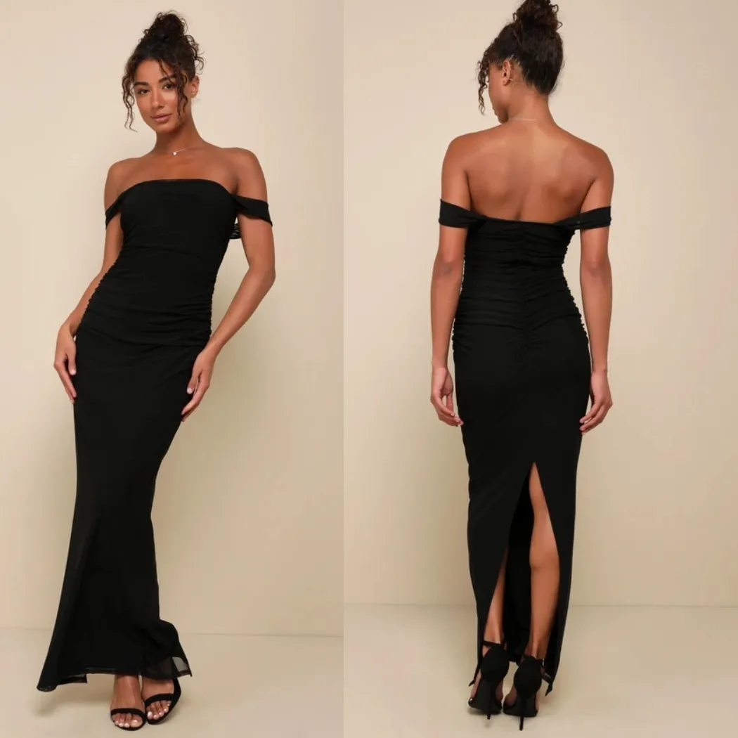 NWT Lulus Amazing Presence Black Mesh Ruched Column Maxi Dress Gala Banquet Sz M - Image 2