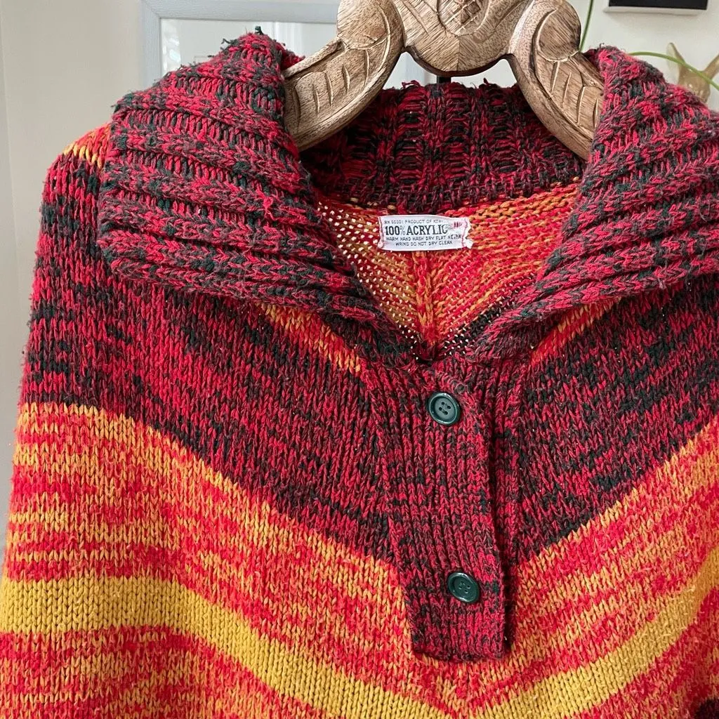 Vintage 70s Sweater Poncho Stripe Orange Yellow Red OSFM Size undefined - Image 3