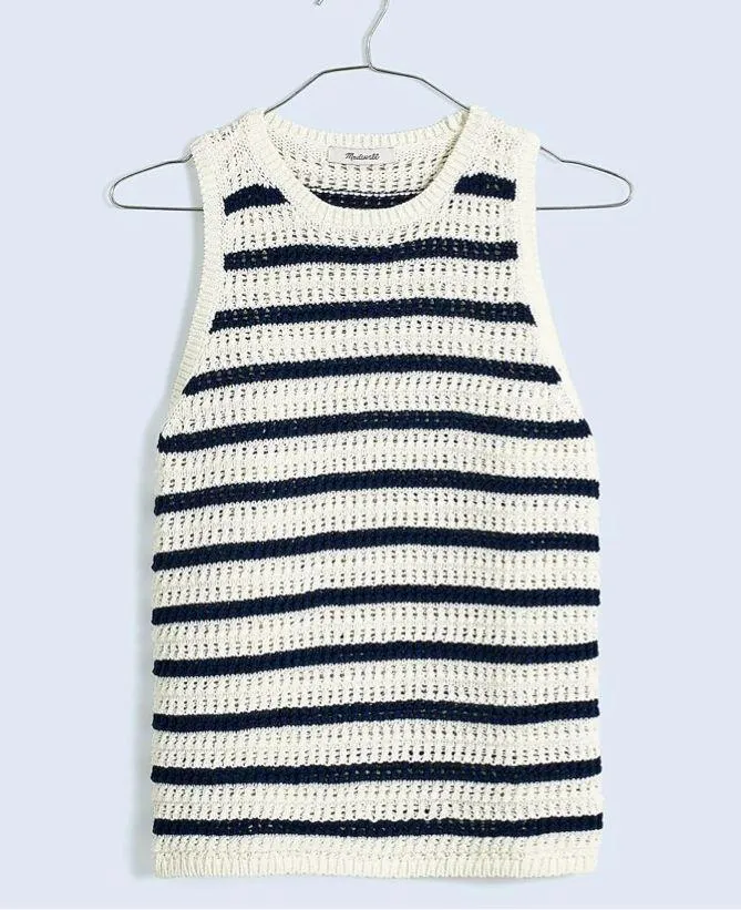 New Madewell Crochet Knit Crewneck Sweater Tank Top NO991 Ivory Navy Size Medium - Image 4