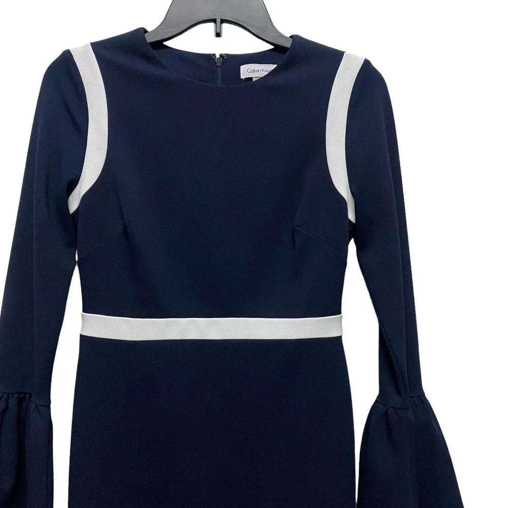 Calvin Klein Women Sz 2 Blue Crew Neck Flare Sleeve Contrast Piping Sheath Dress - Image 3