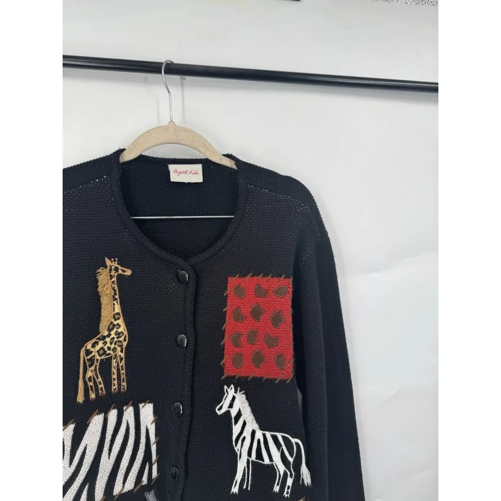 Crystal Kobe African Safari Patchwork Button Sweater Women XL Black Stitch Zebra - Image 7