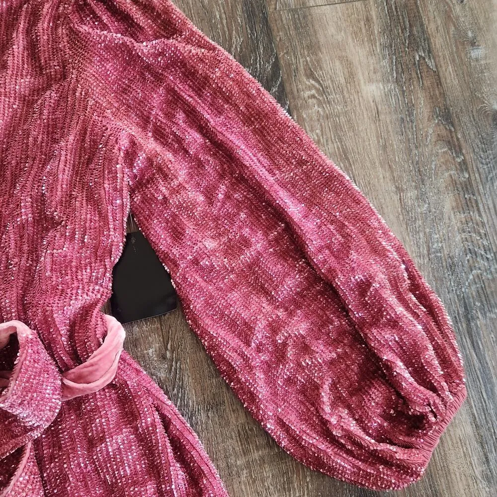 Retrofete Gabrielle Robe Dress Pastel Pink Sequins Size Large NWT Long Sleeve - Image 6