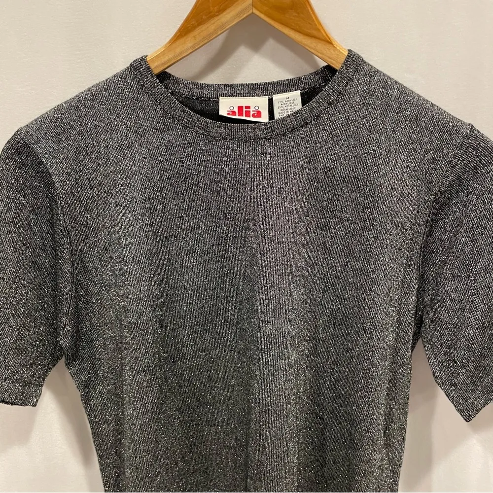 Cute Vintage 90’s metallic silver short sleeve luxury sweater fancy Black Size M - Image 9