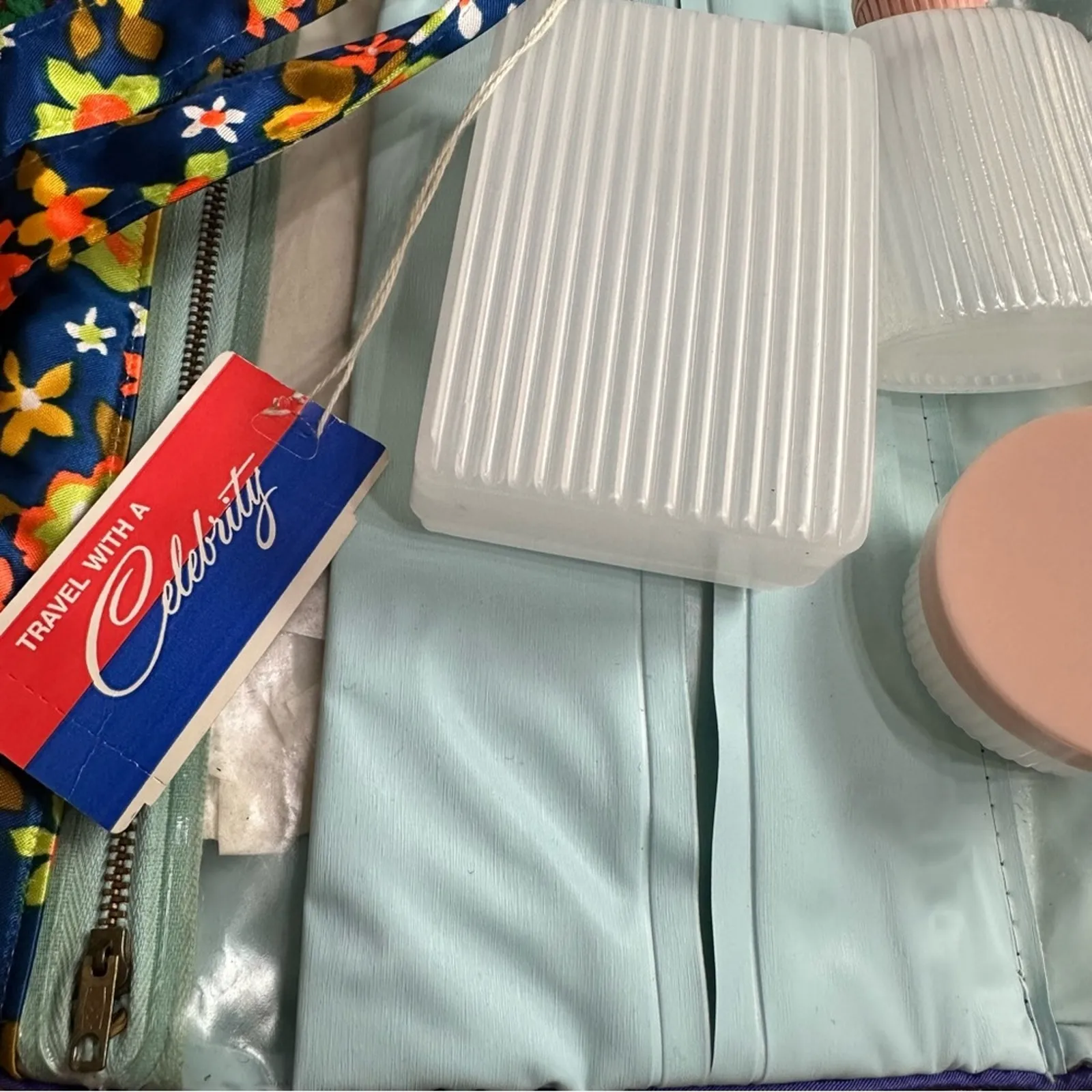 Vintage 60's Celebrity Satin Floral Retro Weekend Toiletry Travel Kit with Jars Blue - Image 7
