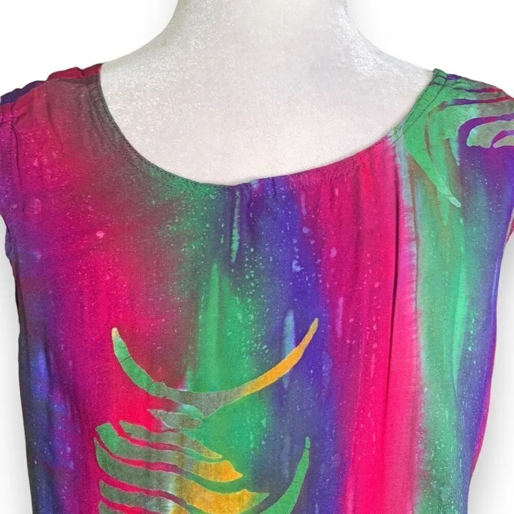 Vintage Young Fashion Top Multicolor Batik Rainbow Fish Print Scoopneck Tank Pink - Image 8