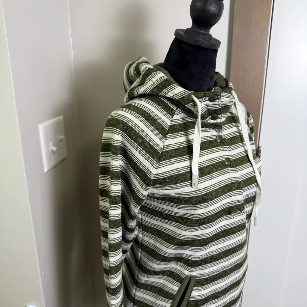 Eddie Bauer Olive Green White Stripe Popover Hoodie Sweatshirt Buttons Knit S - Image 3