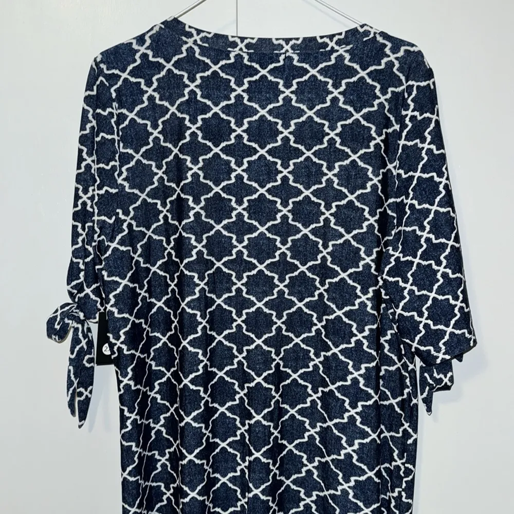 Tacera Navy & White Shift Dress Moroccan Trellis Print w Striped Hem Women’s 2X - Image 8
