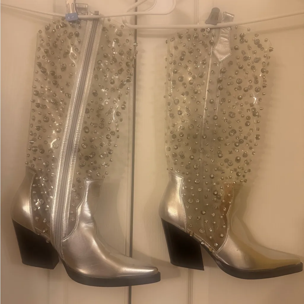Glamorous Silver Studded Rhinestones w/side zipper Heeled Boots - Image 6