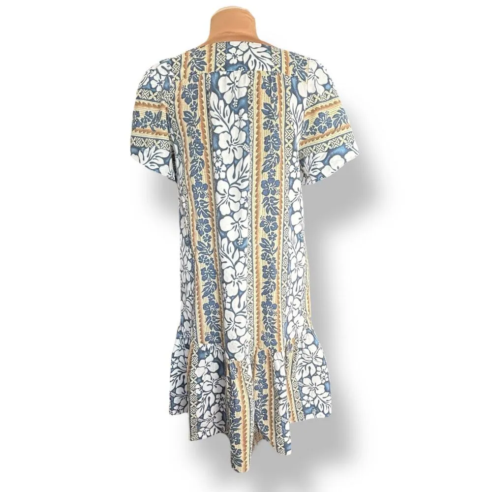 Vintage Hawaiian Muumuu Dress Blue Tan Floral Stripe Ruffle Hem One Pocket Luau Size M - Image 5
