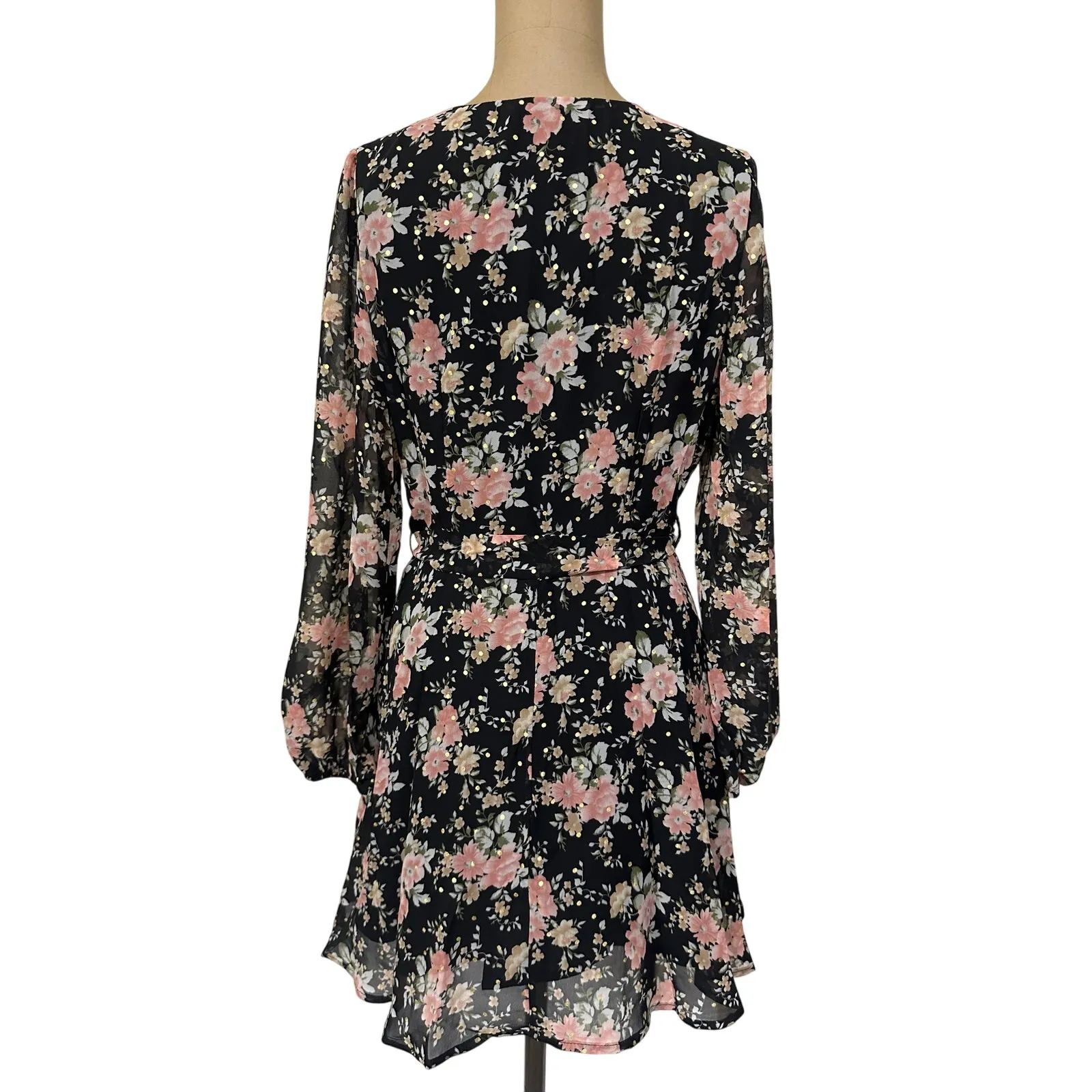 QUIZ Ruffle Mini Dress Black Floral Long Sleeve Tie Front Ruffle Hem New Size 6 - Image 4