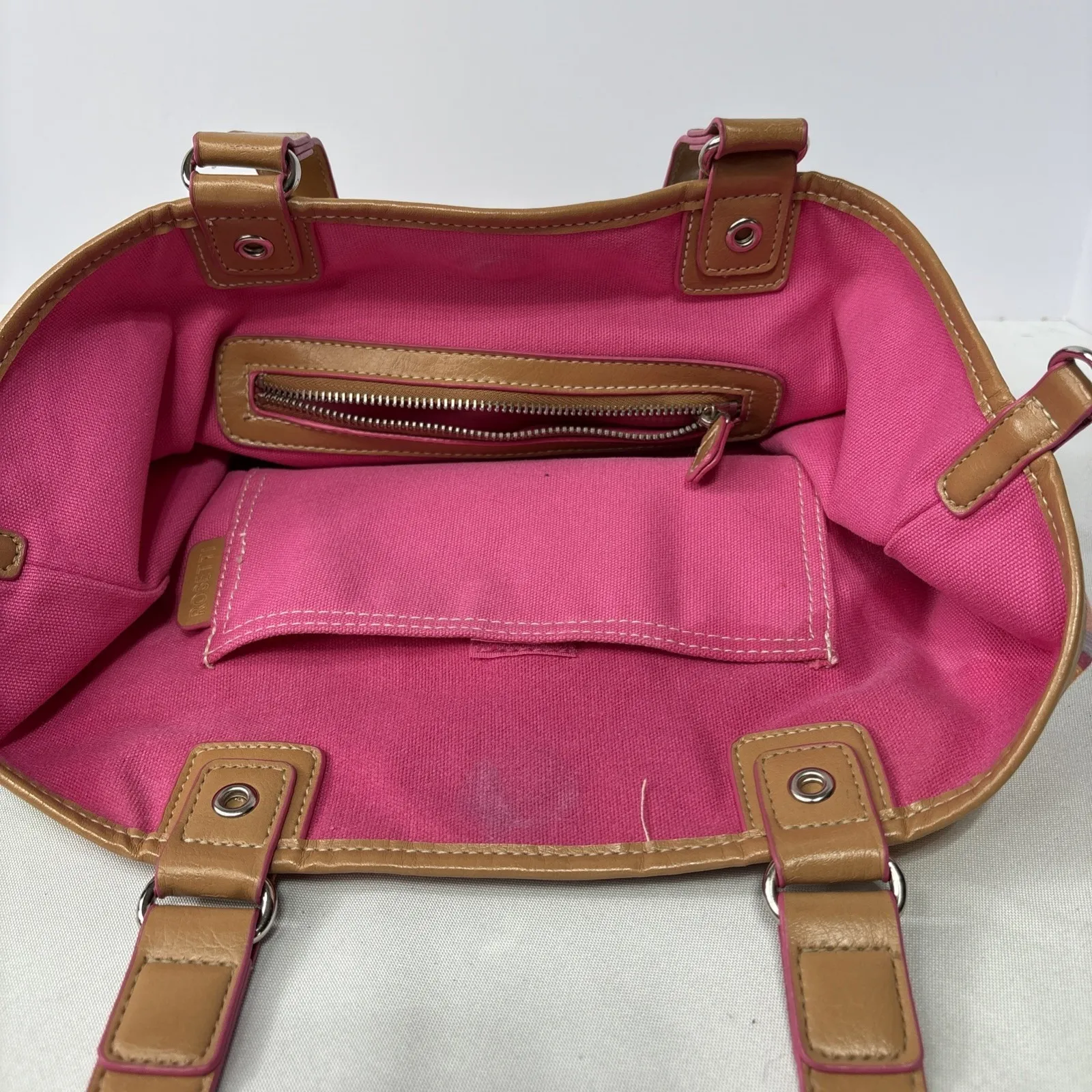 Rosetti Multicolor Striped Canvas Tote Bag Tan Faux Leather Trim‎ Shoulder Purse - Image 3