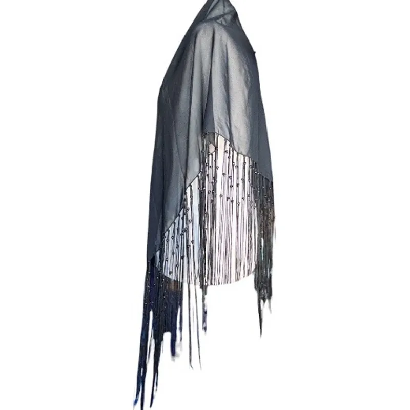 Sheer Black Fringe Shawl Beaded Wrap Evening Boho Hippie Lightweight Layer - Image 6