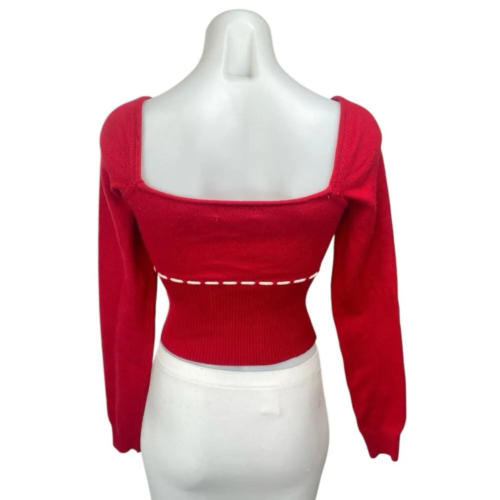 Edikted Natasha Women's Red Ribbed Knit Ribbon Bow Long Sleeve Crop Top Size M - Image 2