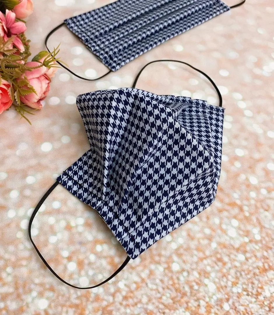Dark Blue/navy Houndstooth Premium Cotton Face Mask Blue - Image 2