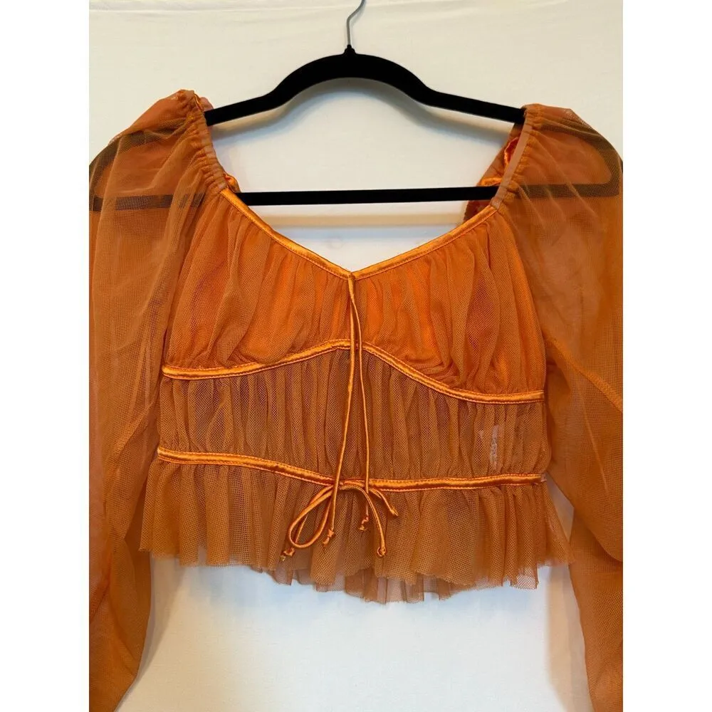 Stunning Sheer Orange Puff Sleeves Corset Long Sleeve Top Size Medium - Image 4