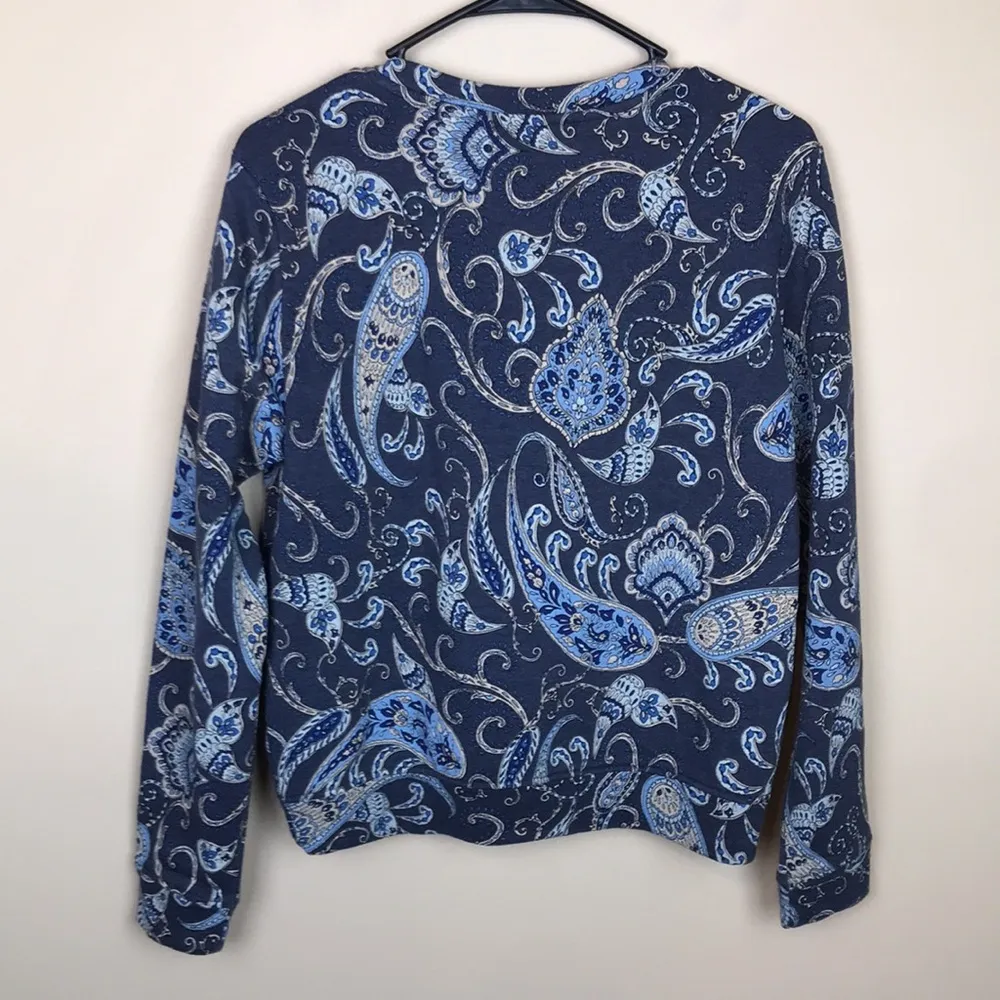H&M Women’s Paisley Print Blue Beige Fleece Lined Crew Neck Sweatshirt - Image 4
