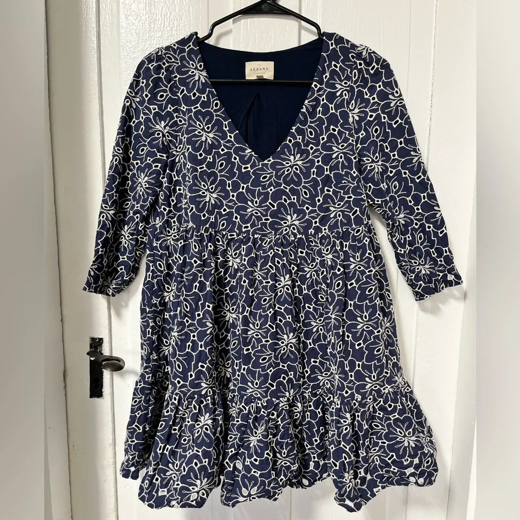 Sezane Aura babydoll eyelet floral Dress in navy blue size 2 - Image 3
