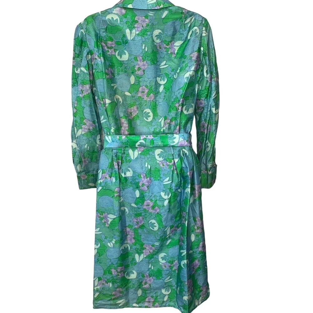 Vintage Hillebrand Mod Floral Shirt Dress Green Blue Belt German 3/4 Sleeve 60s Size M - Image 2